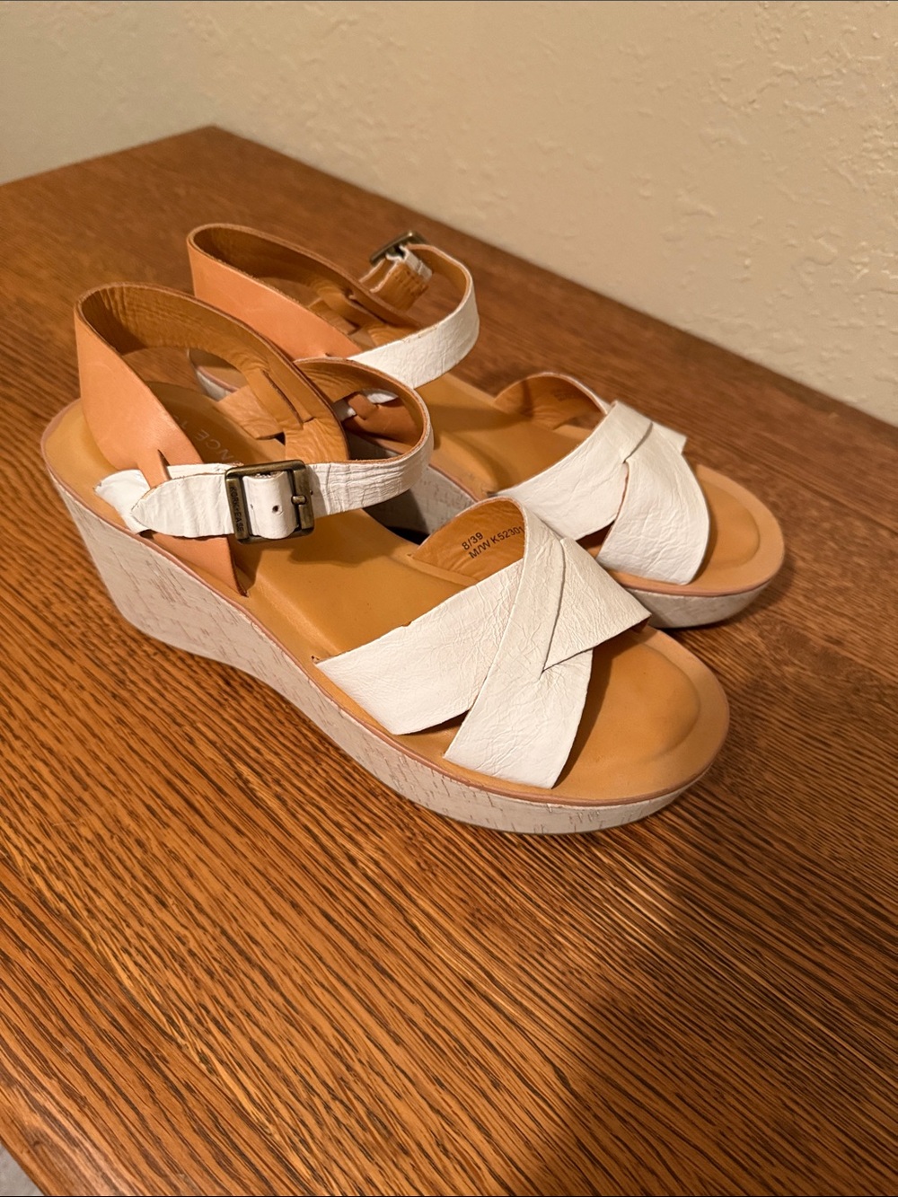 Kork-Ease White Leather Crisscross Wedge Sandals with Tan Ankle Strap
